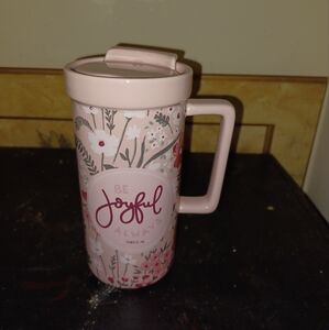 Manna pink "be joyful always" Ceramic travel mug (091124B)